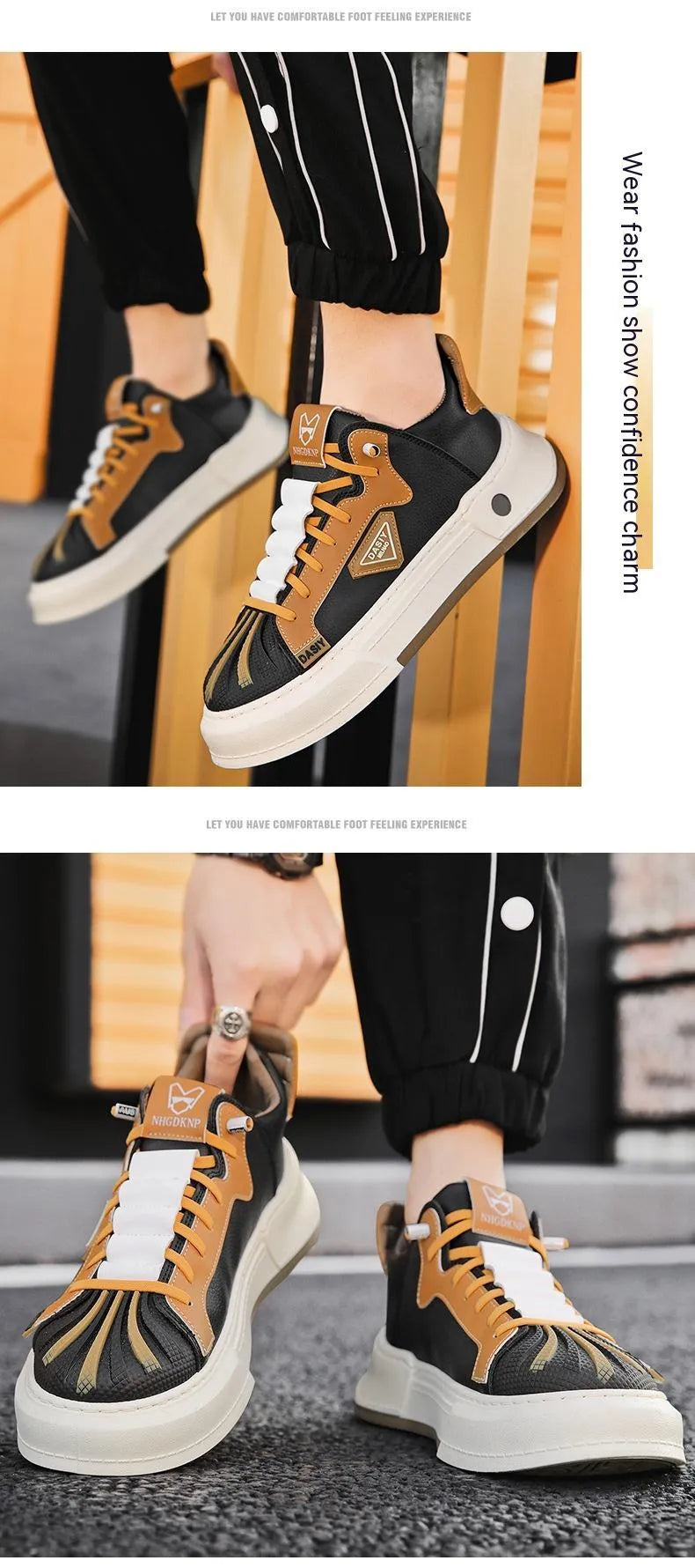 Men's beige and black casual sneakers with elastic band closure and microfiber upper