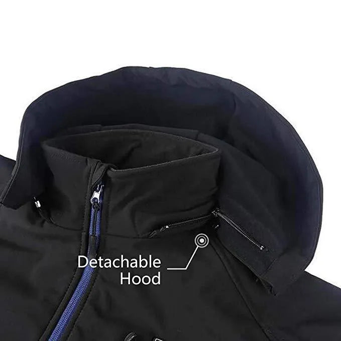 Black men's USB heated waterproof winter coat with straight hem and long sleeves shown on a hanger.
