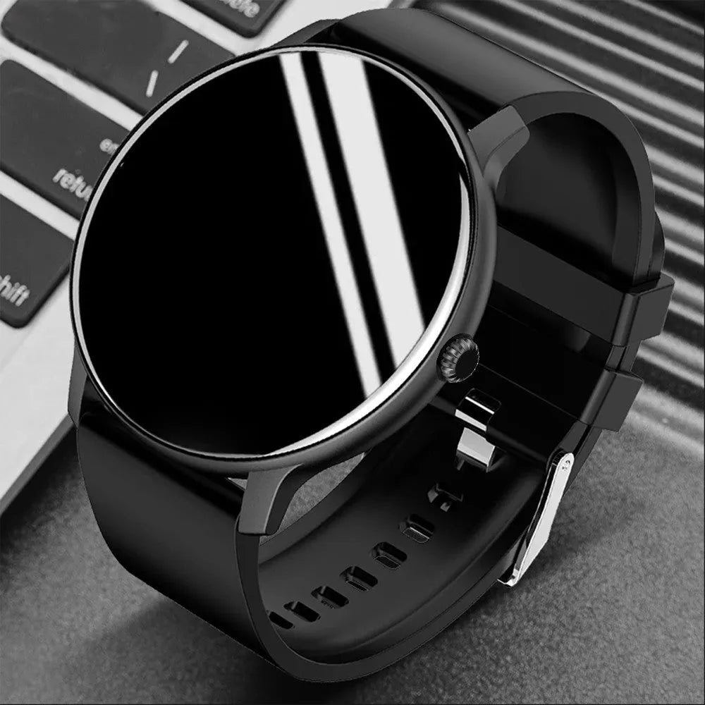 1.28-inch blood pressure health smart watch with heart rate monitor, black face, glass screen, side button