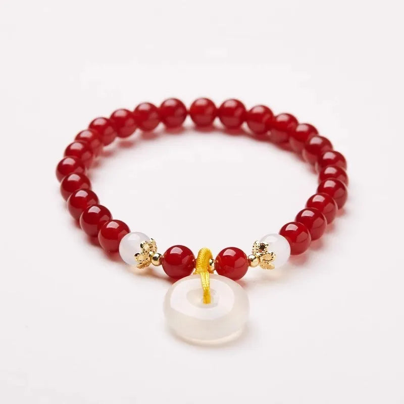 Handmade Chinese bracelet with Jinsi jade and red agate peace buckle beads, safety clasp