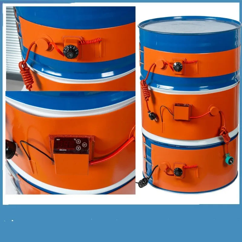 Silicone rubber heating belt wrapped around a 200-litre oil drum with digital control display.