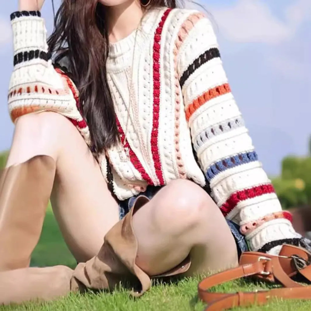 Rainbow striped hollow knit sweater with batwing sleeves in Japanese-Korean casual style