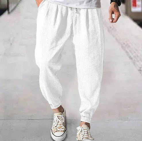 Men's casual loose cotton ankle banded trousers in khaki, summer style with elasticated waist