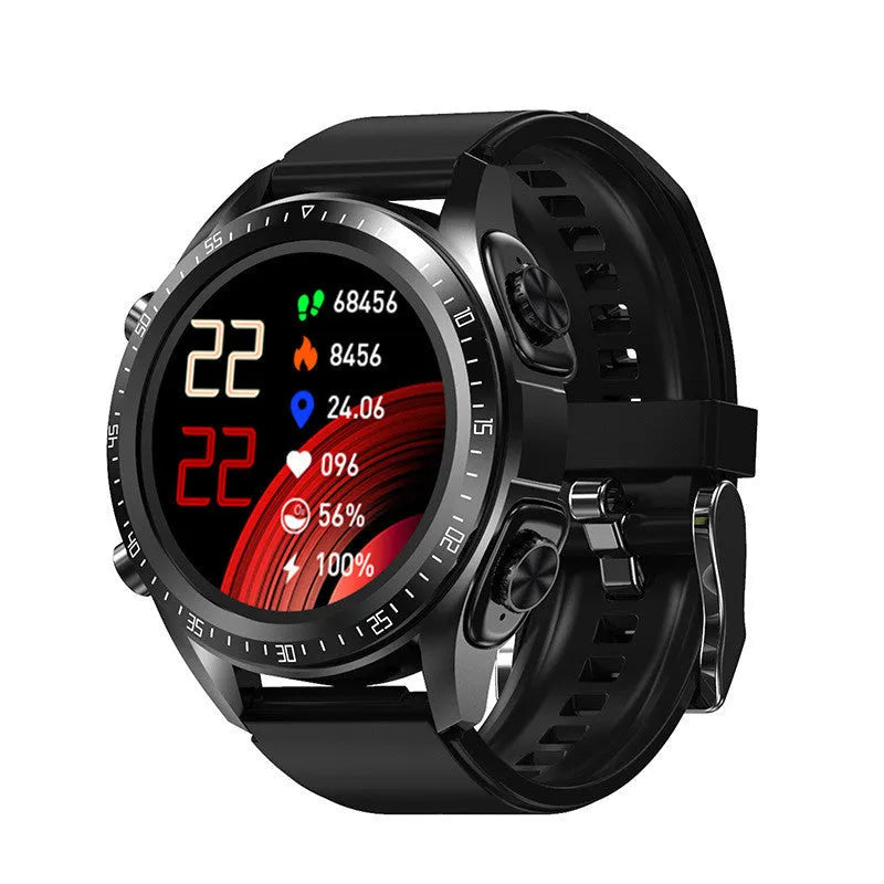Black smart watch with 1.28-inch screen showing health metrics, paired with wireless TWS earphones