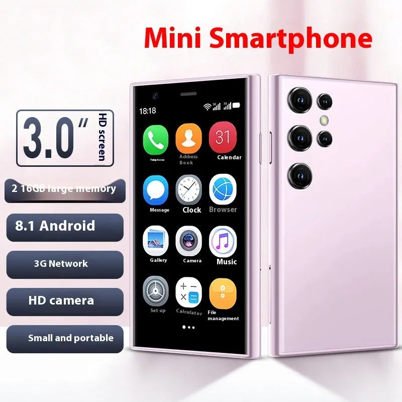 Mini smartphone with 30cm screen in black, green, or pink purple colour showing straight plate design
