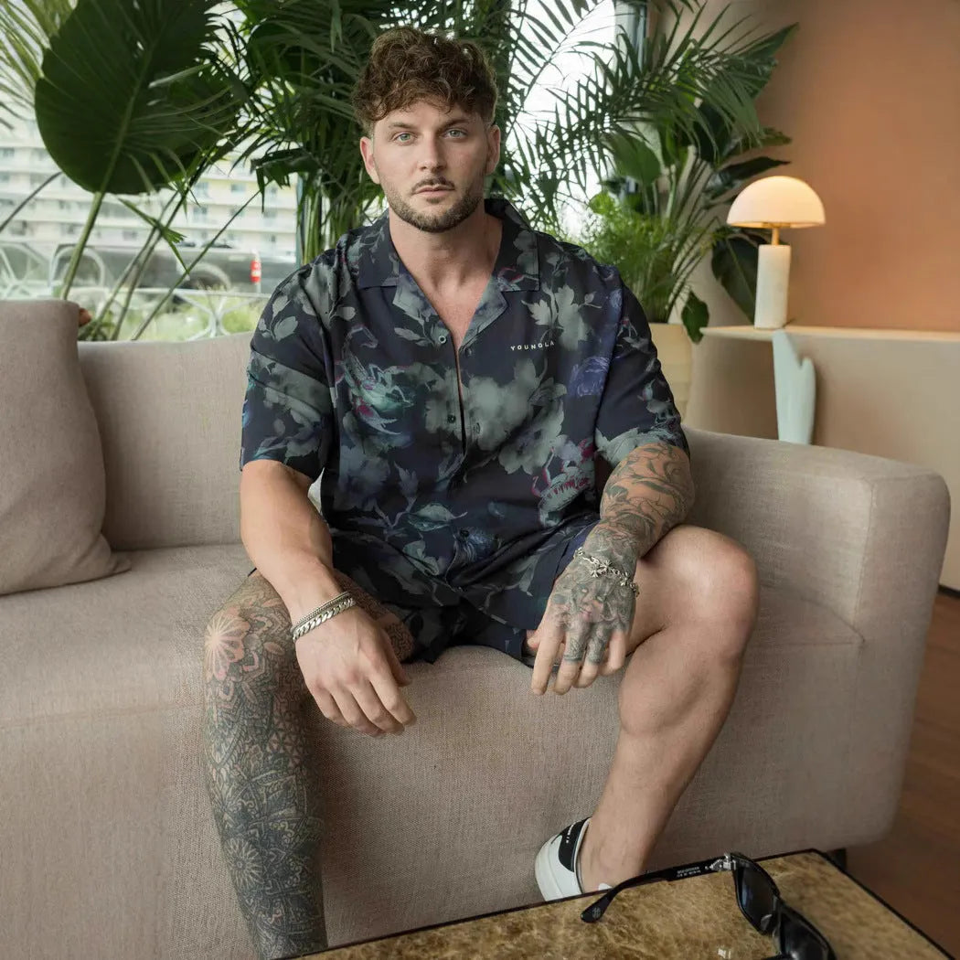 Men's floral printed loose short sleeve top in light colours with cardigan style
