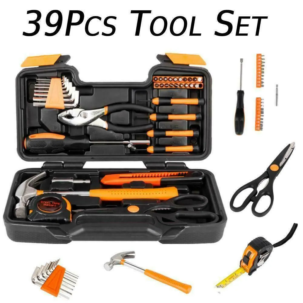 39-piece combination tool set in orange with steel and plastic tools