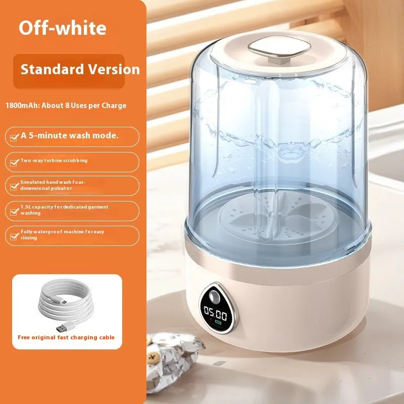 White plastic portable mini washing machine with USB cable on a countertop.