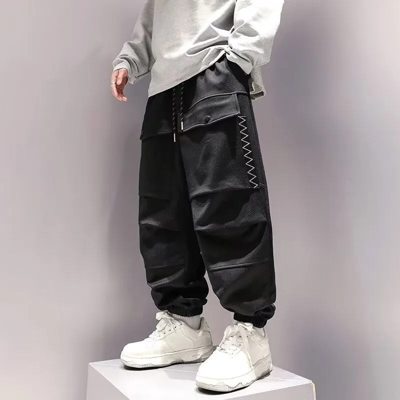 Plus-sized high waist drawstring big pocket teen trousers in black and green, size M to XXXL