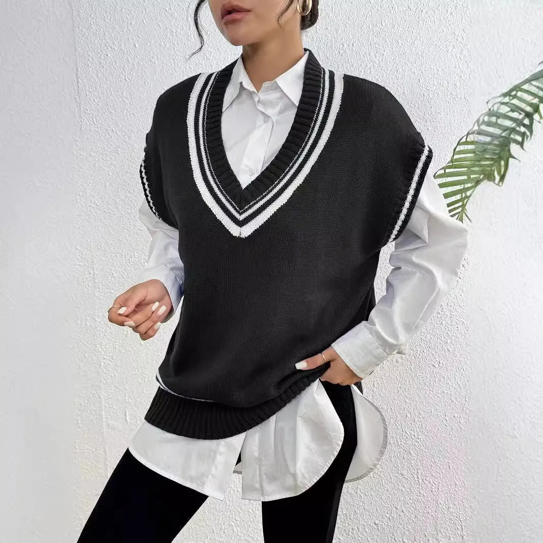 Women's college style wool vest sweater in acrylic polyester blend available in three colours