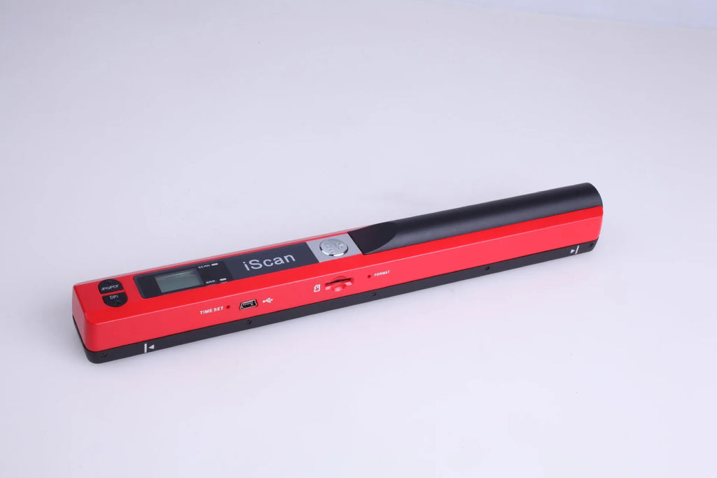 A handheld USB document scanner in a choice of five colours: black, blue, green, red, and silver.
