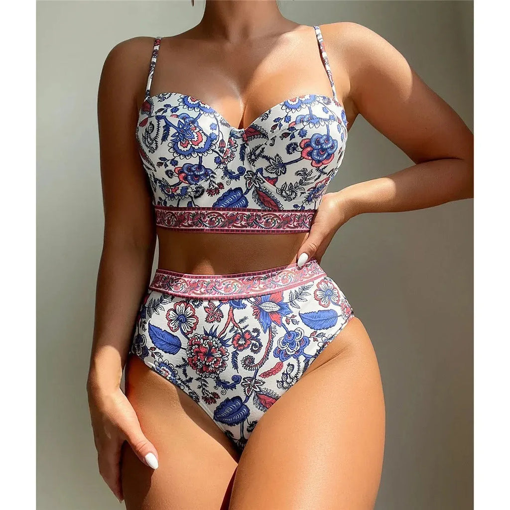 Blue women's high waist push-up polyester bikini swimsuit for swimming and wading