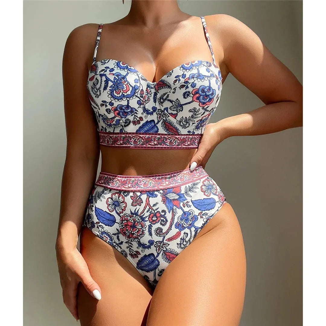 Blue women's high waist push-up polyester bikini swimsuit for swimming and wading