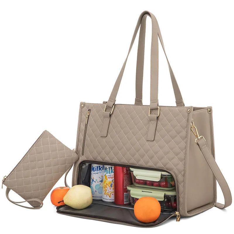 Quilted lunch tote bag for women with thermal insulation, laptop compartment, matching wallet, in black, front view