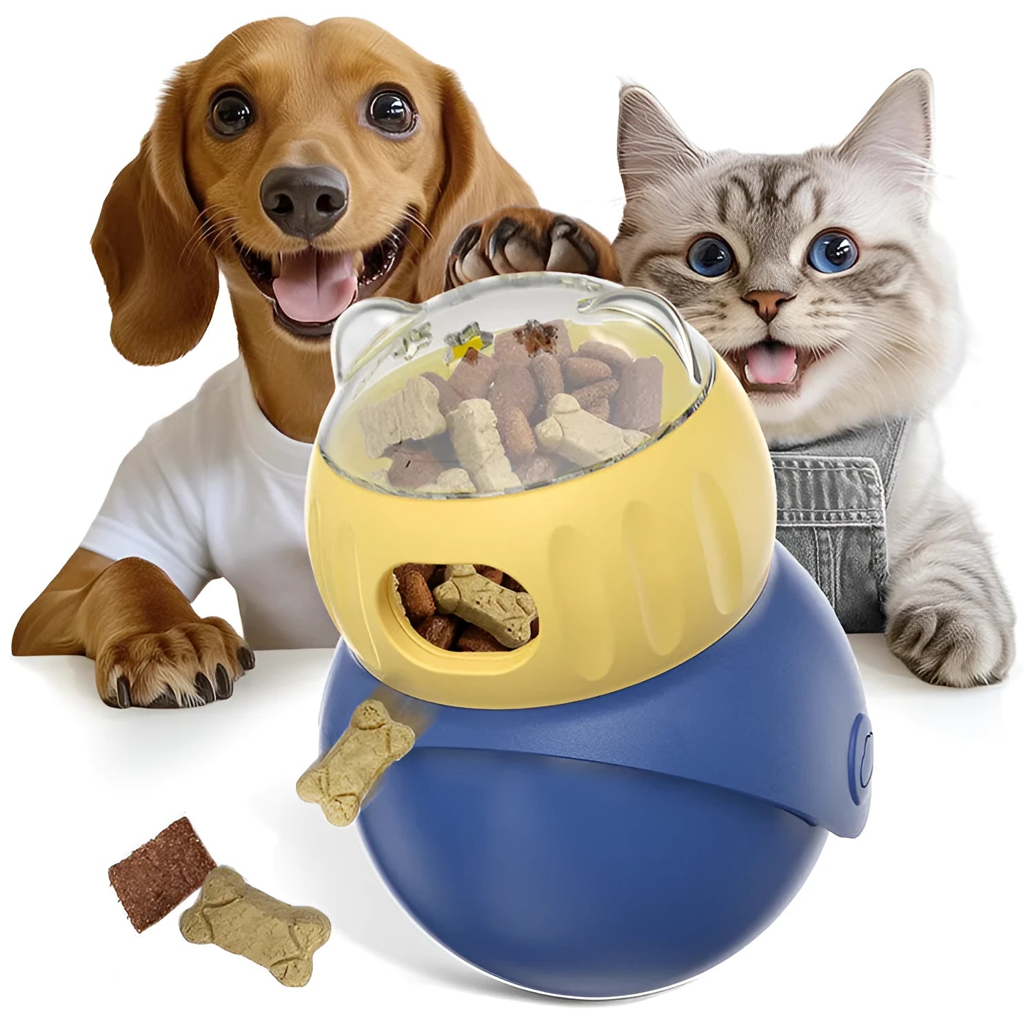 Morandi yellow and blue plastic owl-shaped cat puzzle feeder toy on a floor