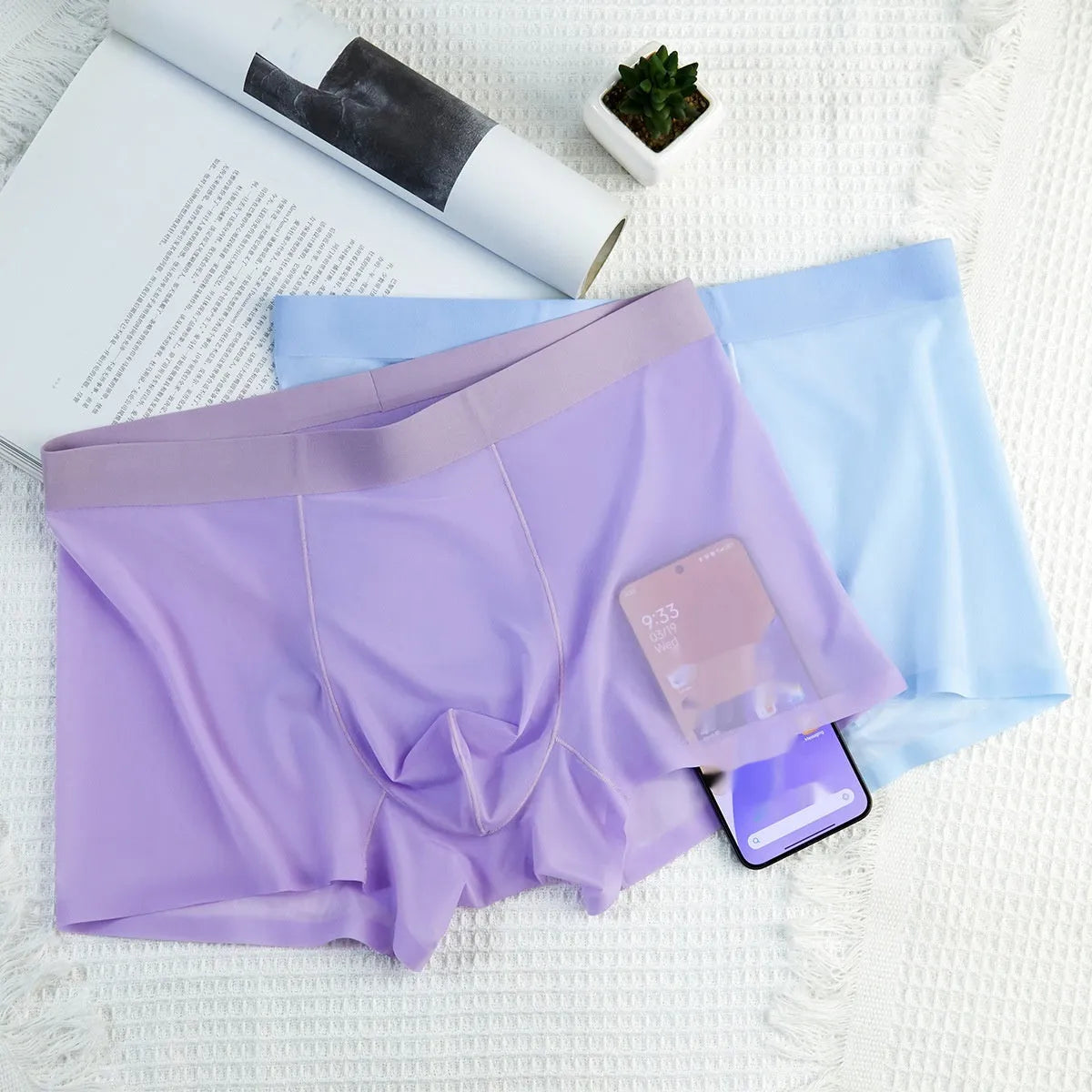 Ultra-thin Ice Silk seamless breathable boxer briefs for men, summer quick-dry nylon, solid colour option.