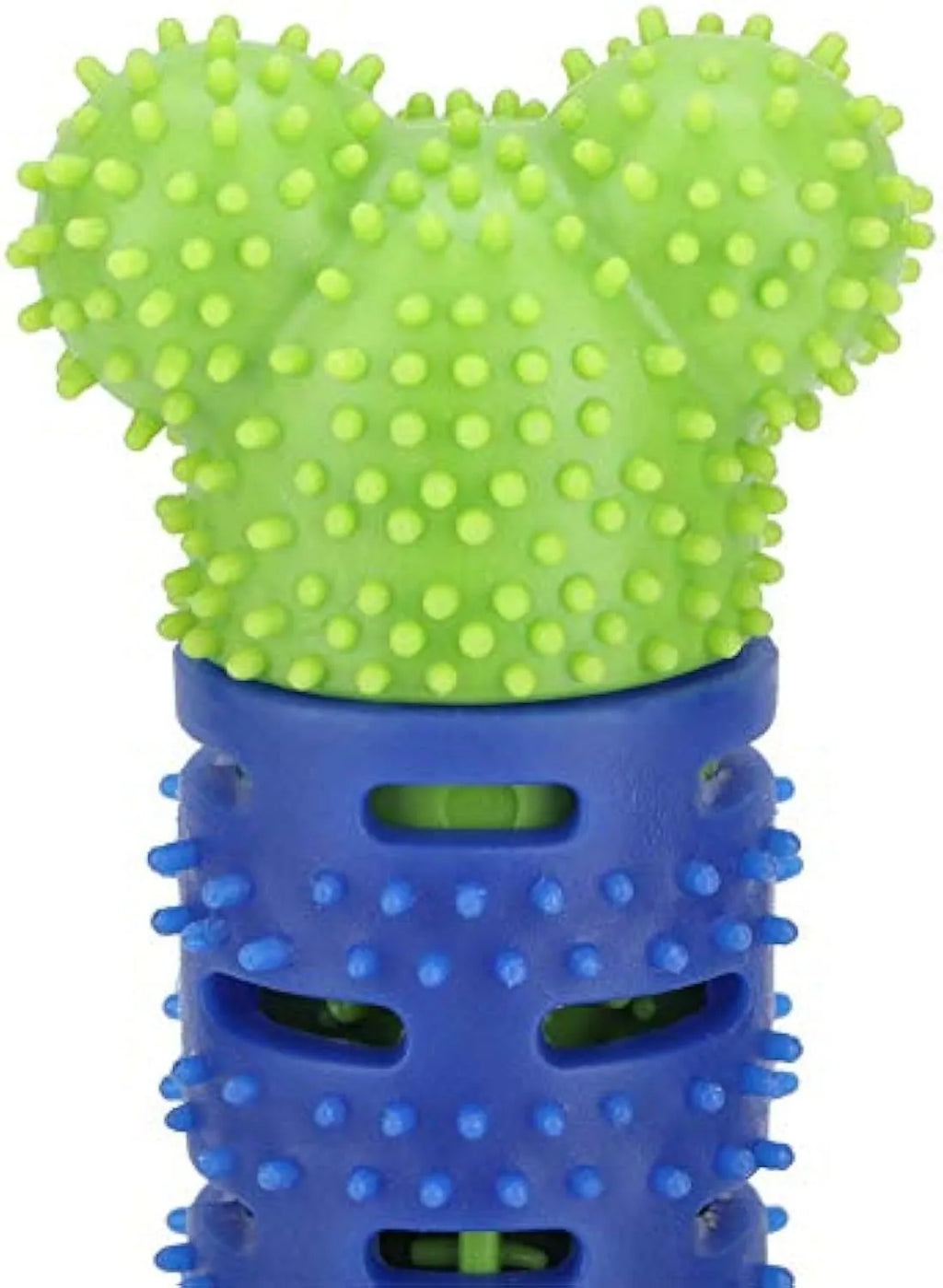 Blue green dog dental cleaning toy with silicone bristles and rope core measuring 25 cm