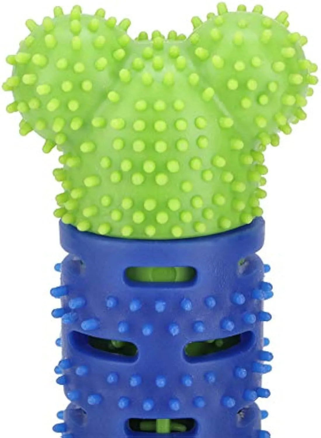 Blue green dog dental cleaning toy with silicone bristles and rope core measuring 25 cm