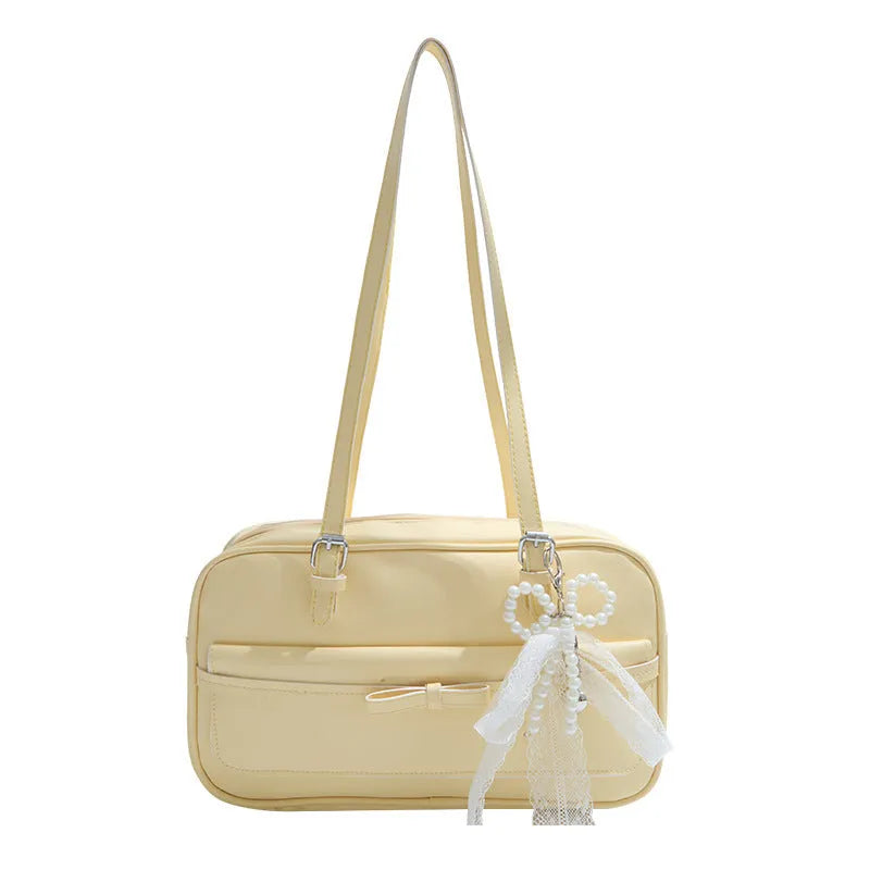 Women's single-shoulder flap bag in horizontal square shape with bow decoration and mobile phone compartment