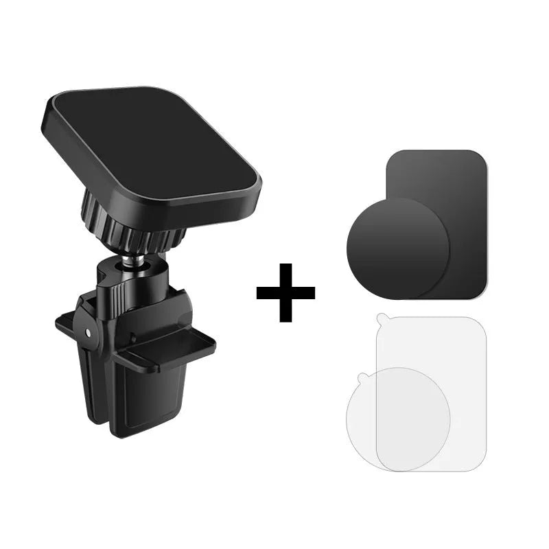Black magnetic car phone holder mounted on vehicle air vent with mobile phone attached