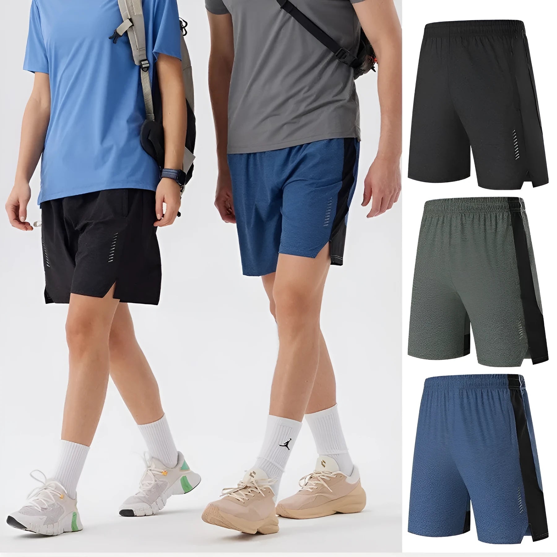 Man wearing forest green five-point spandex casual shorts with a mid waist.