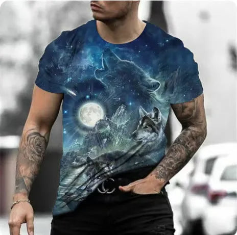 Men's grey short-sleeved T-shirt with a retro-style 3D digital print of a wild animal on the front.