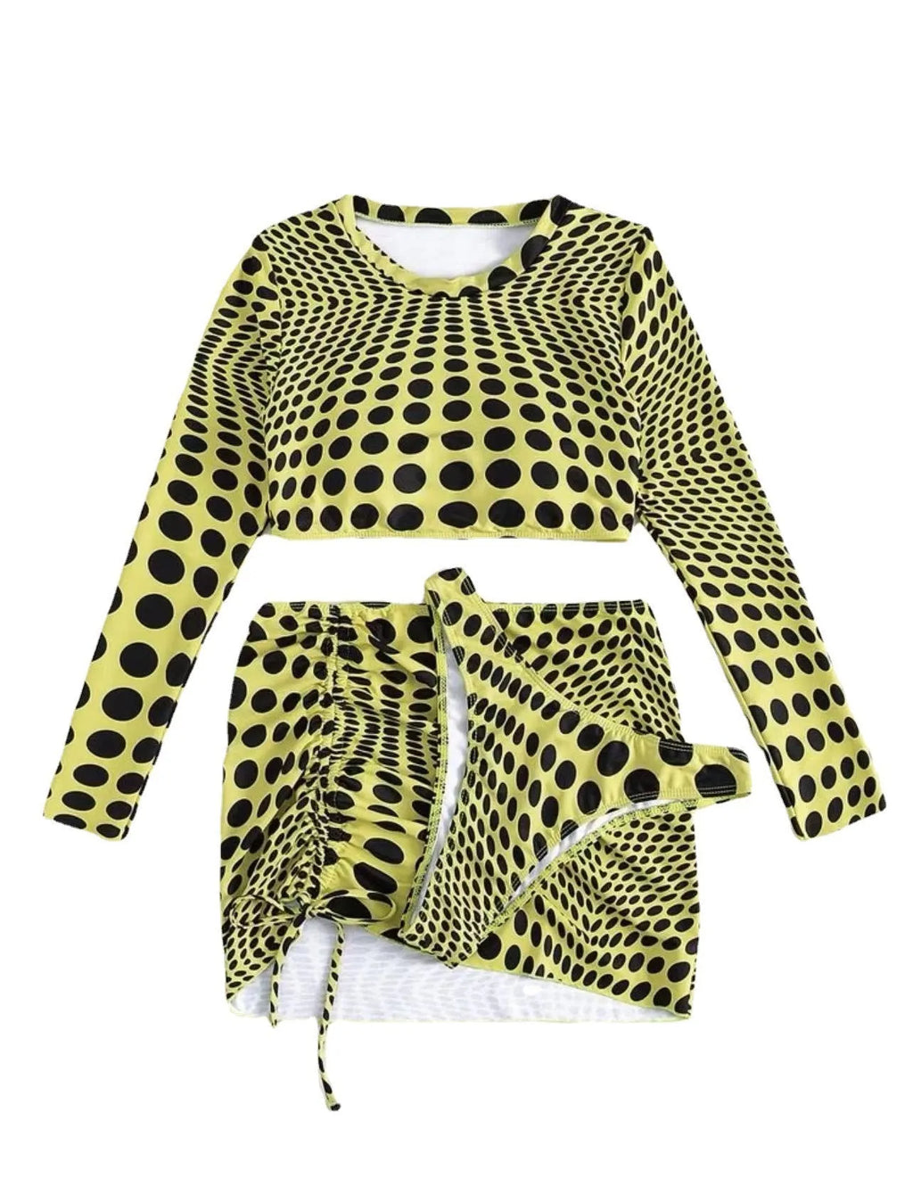 Women's polka dot swimsuit three-piece set in green and yellow with polyester fabric