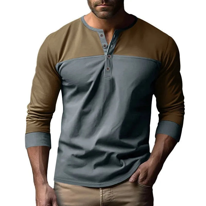 Retro long-sleeve henley collar bottoming shirt in solid beaded twill with colour-matching detail