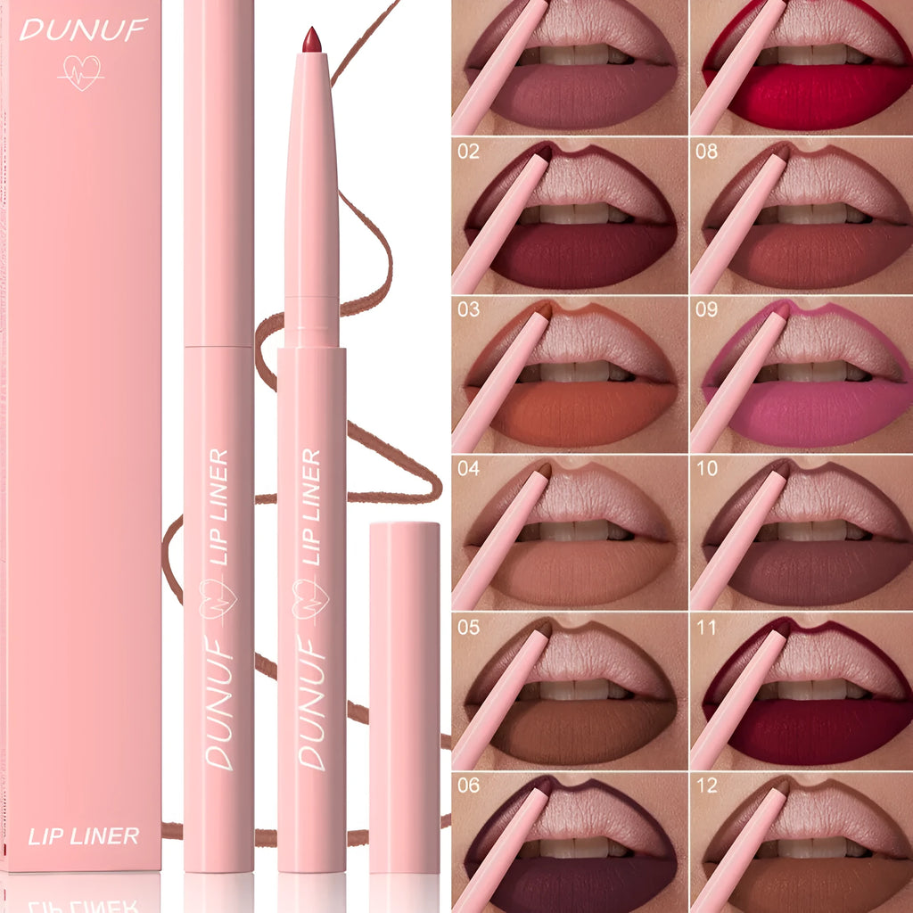 A single velvet matte lip liner pencil shown with 12 different colour shade options.