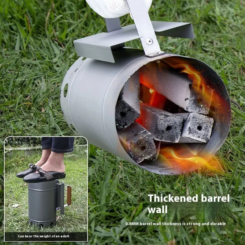 Zinc-iron alloy outdoor charcoal fire starter igniter with pointed carbon barrel.