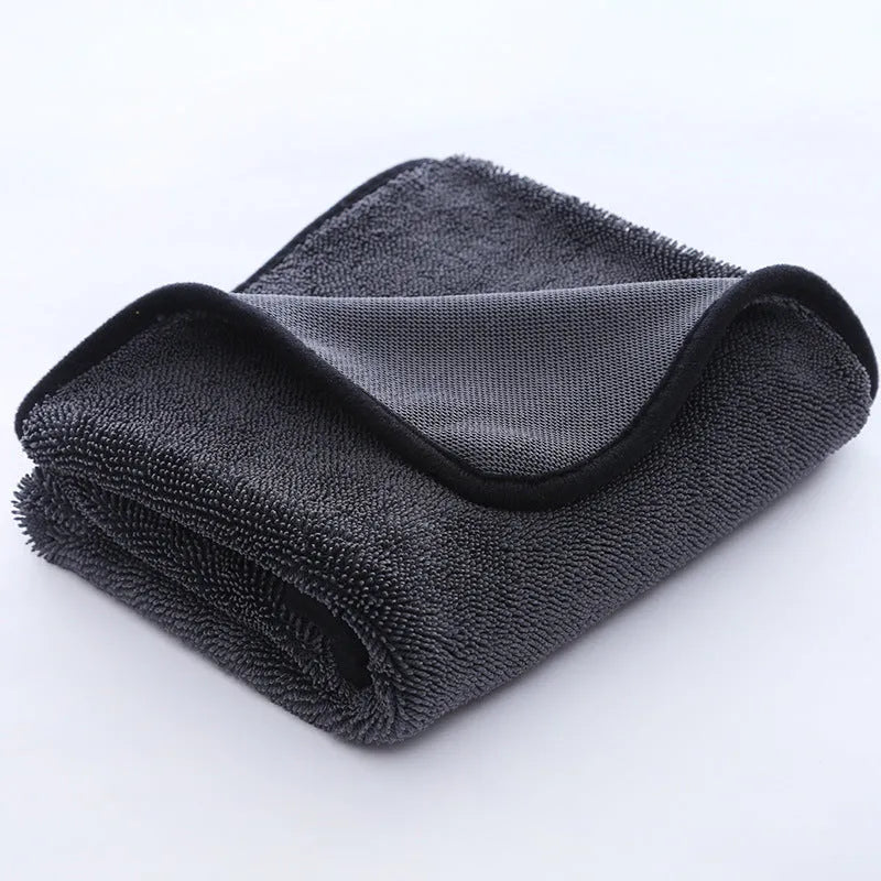Microfibre automobile cleaning cloth car wash towel with spiral hair and hemmed edge, grey black edge, multi-size option