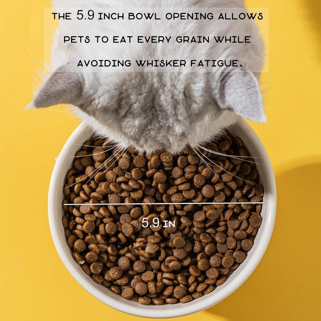 Raised ceramic cat bowl with animal design for elevated feeding