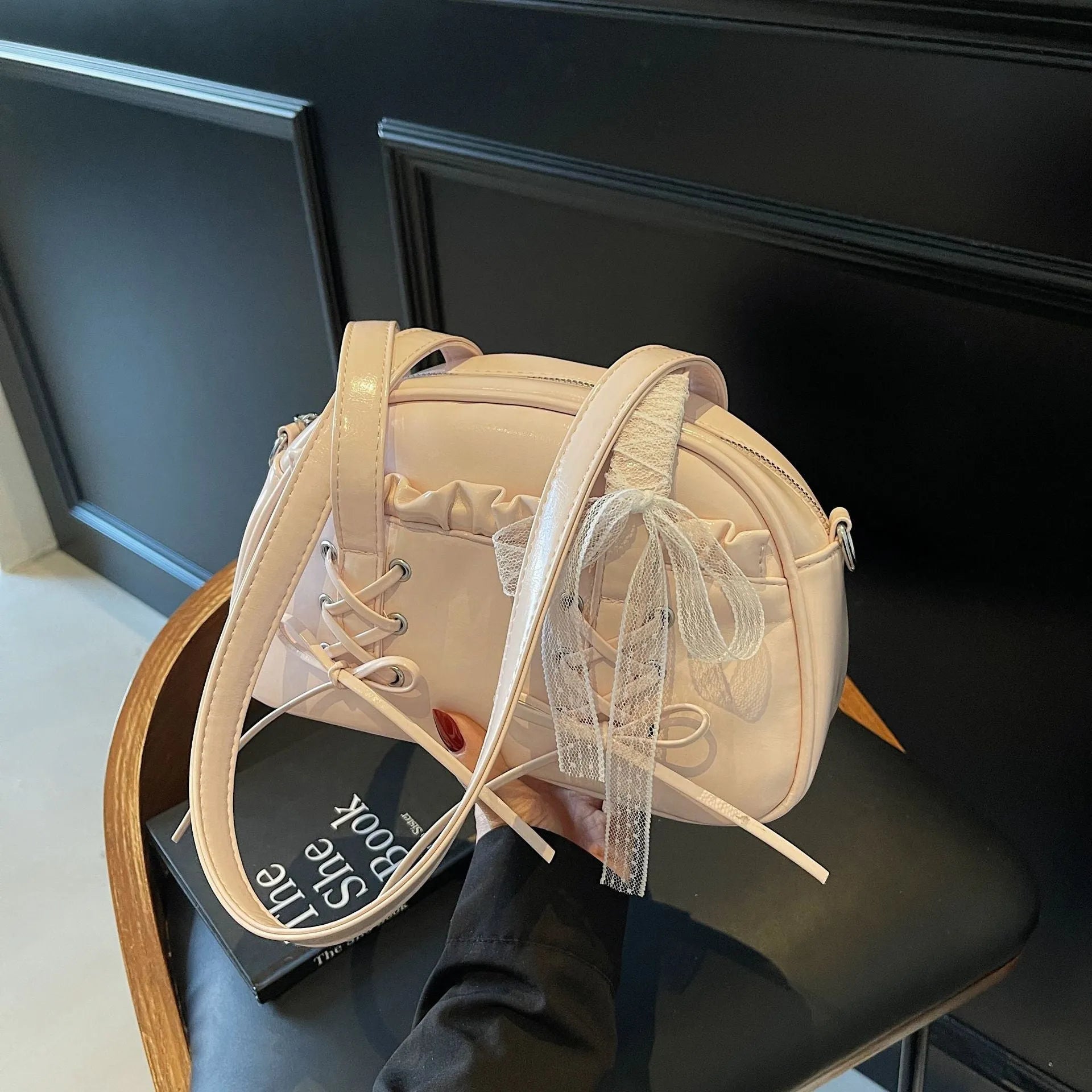 Ladies bandage bow shoulder handbag in PU leather with mobile phone pocket interior