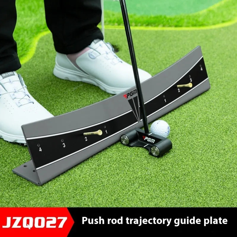 Golf putter trajectory balance simulator with adjustable push rod balancer on flat surface