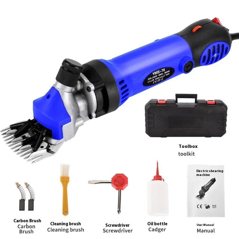 Yellow electric wool shearing machine with 13 straight teeth and complete accessory kit including multiple blade sets
