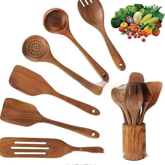 Wooden kitchen utensil set with 7 pieces including spoons, spatula, and soup spoons in boxed packaging