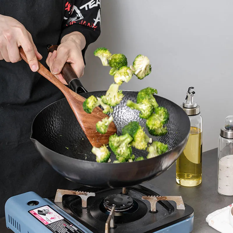 Traditional black iron wok with wooden handle, 40cm diameter