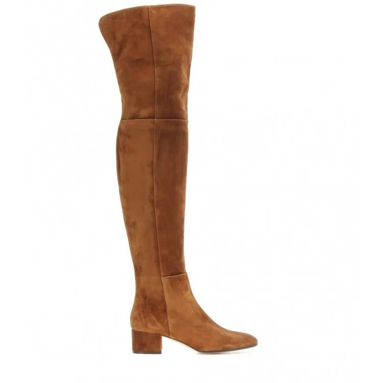 Grey suede women's over-the-knee flat boots with a pointed toe and thick low rubber sole.