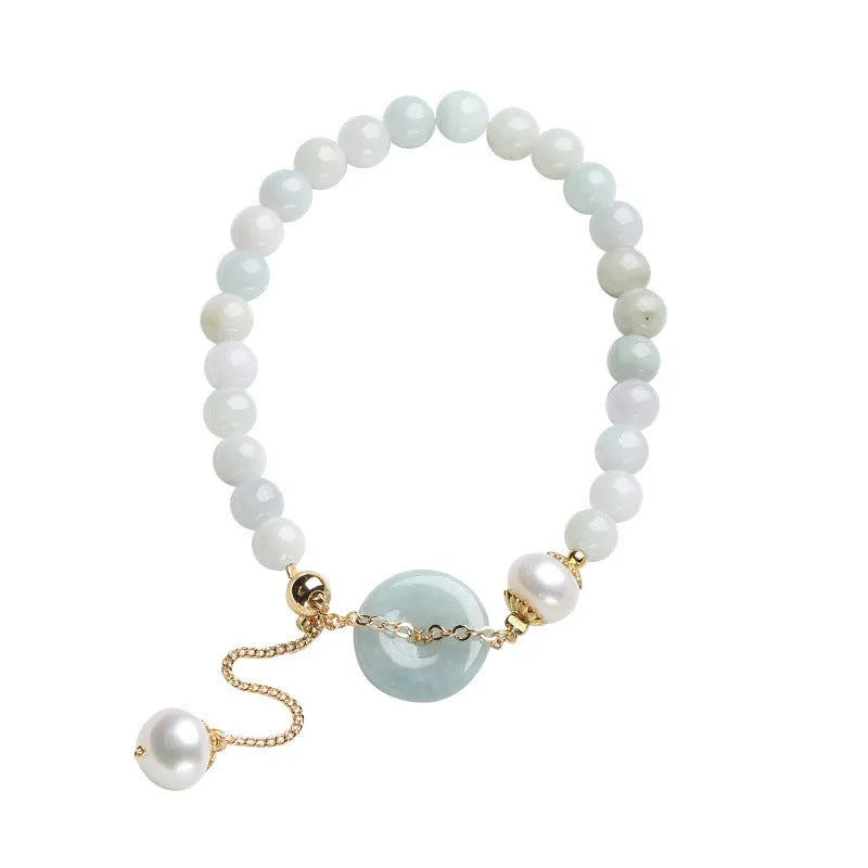 Women's natural emerald jade pearl bracelet with geometric design and traditional Chinese styling