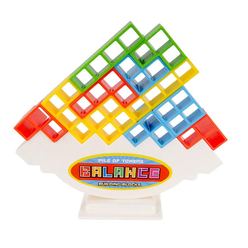 Plastic balance stacking game with colourful building blocks on 26.5cm square chassis