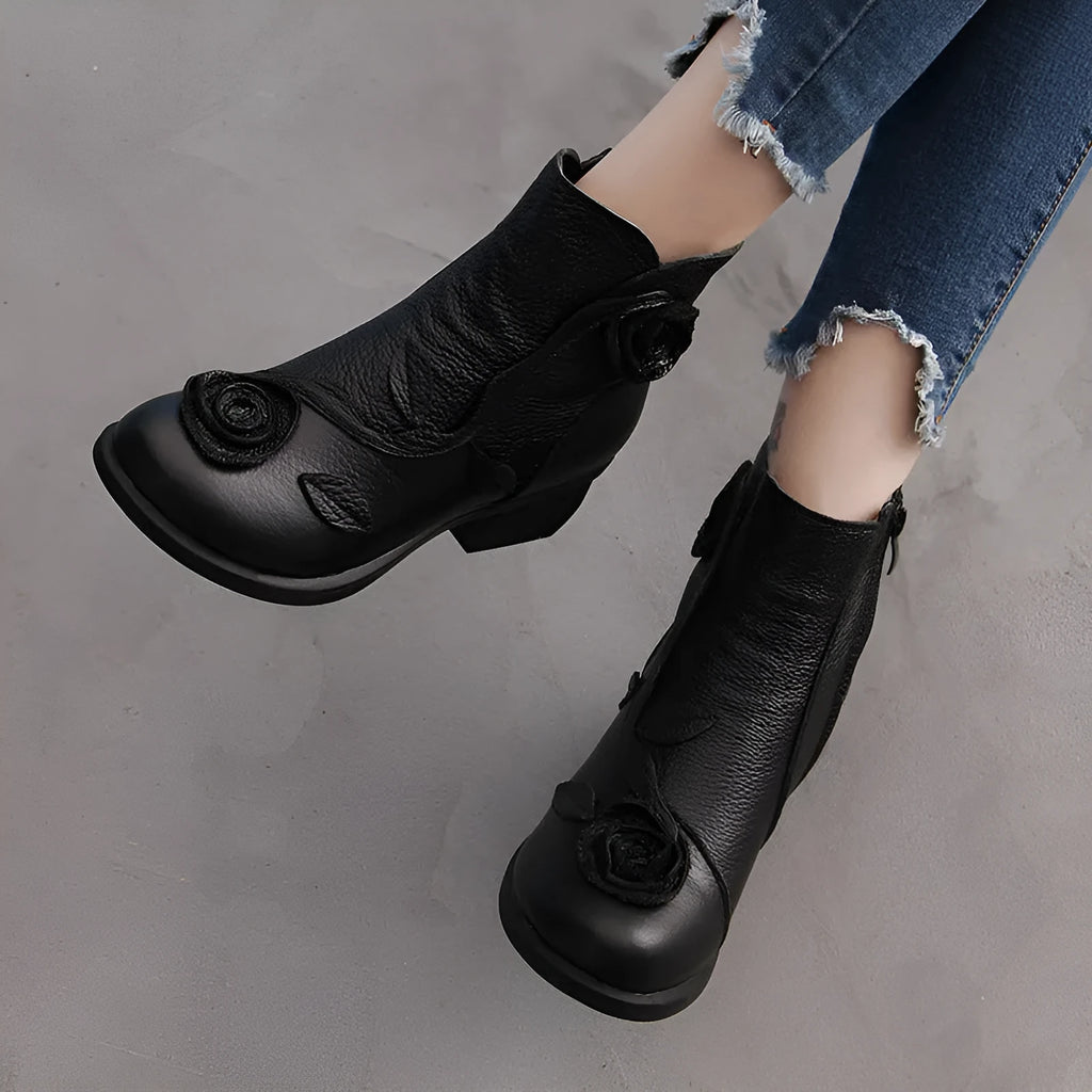 Handmade genuine leather ethnic Martin boots with chunky heel, waterproof platform, and flower embossing in red colour