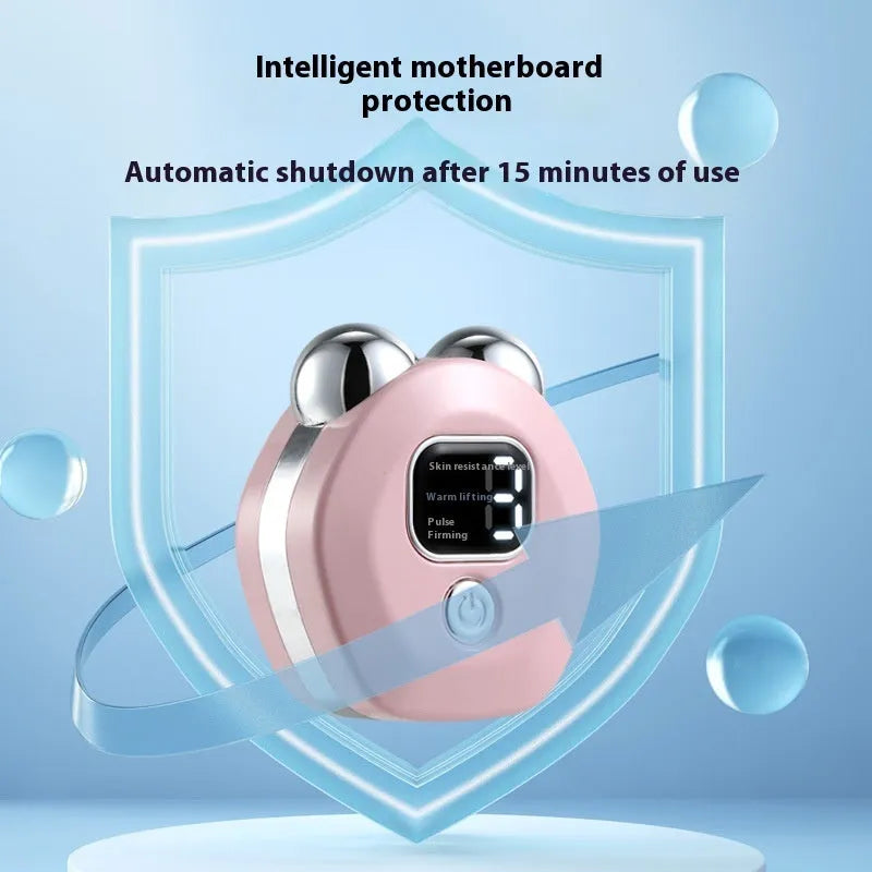 Portable white facial massage instrument with double-roller head for hot compress and micro current therapy.