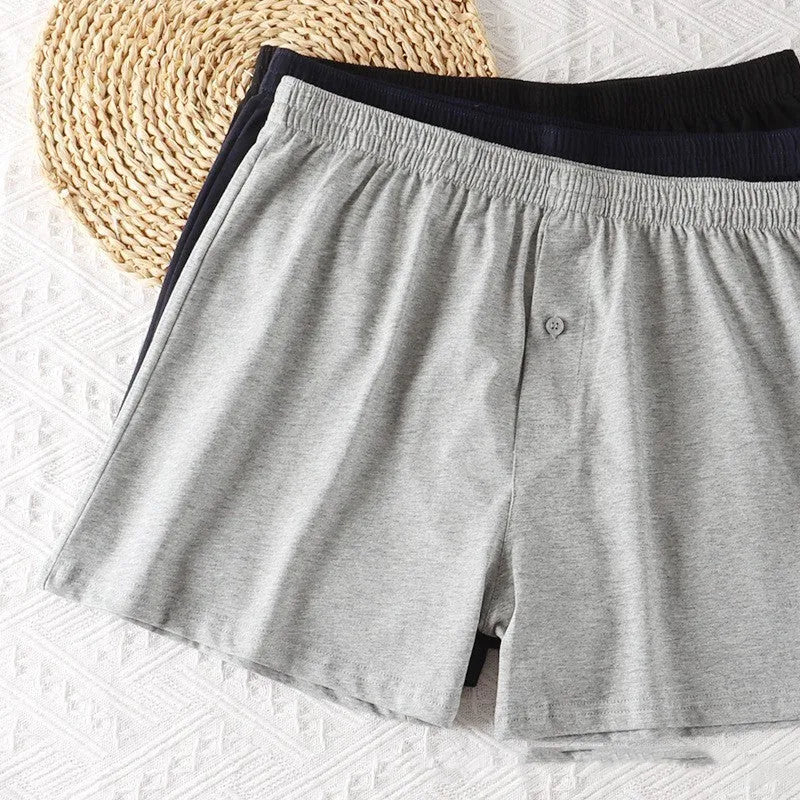 Men's cotton boxer shorts in black, light grey and navy blue colours with high waist and loose fit