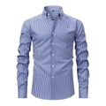 Men's striped long-sleeved business casual shirt with lapel collar on a hanger