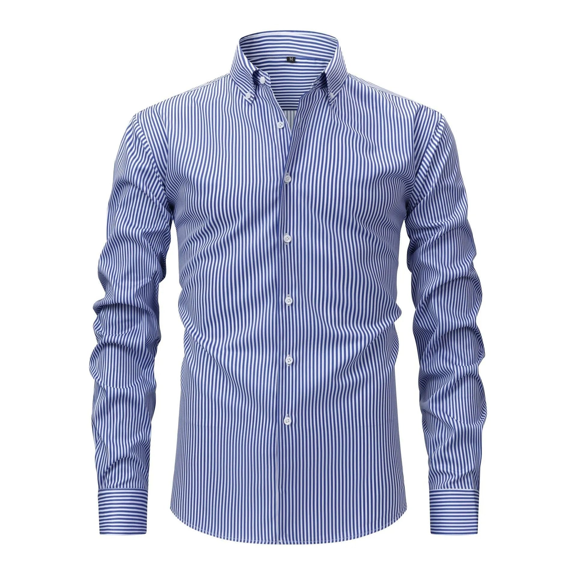 Men's striped long-sleeved business casual shirt with lapel collar on a hanger