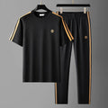 Men's blue short sleeve suit set with ironing-free polyester fabric for sports and casual wear