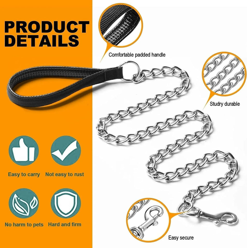 Heavy duty metal dog leash chain with soft black padded handle, shown at full 120cm length.