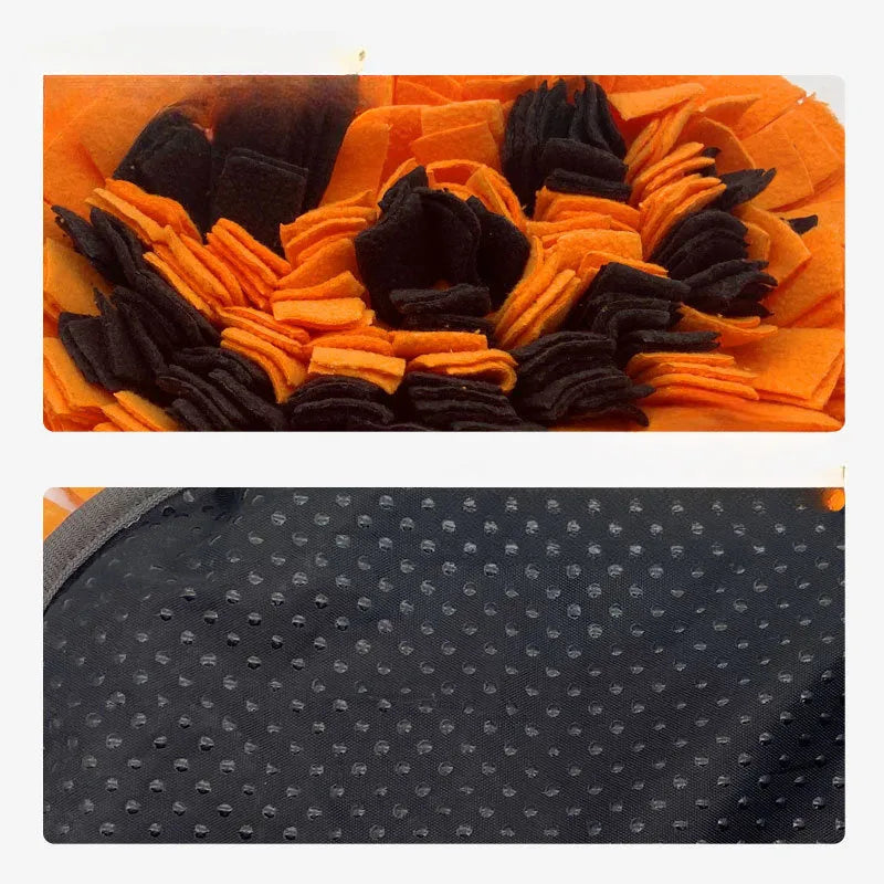 Orange pumpkin-shaped dog sniffing mat with soft fleece strips on a non-slip felt base
