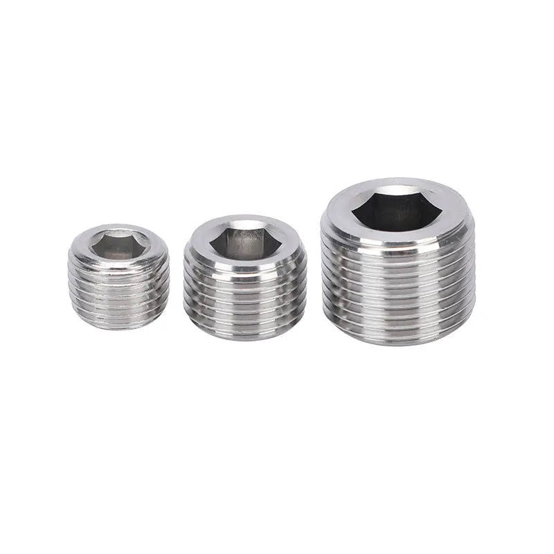 Stainless steel hexagonal head pipe plug for 3/8 inch threaded fittings.