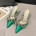 Silk back bandage women's stiletto heel sandals in black with pointed toe and buckle closure